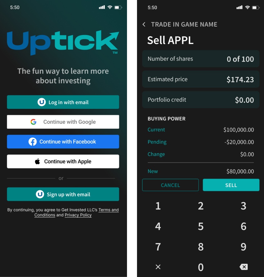 Uptick login page and trade game